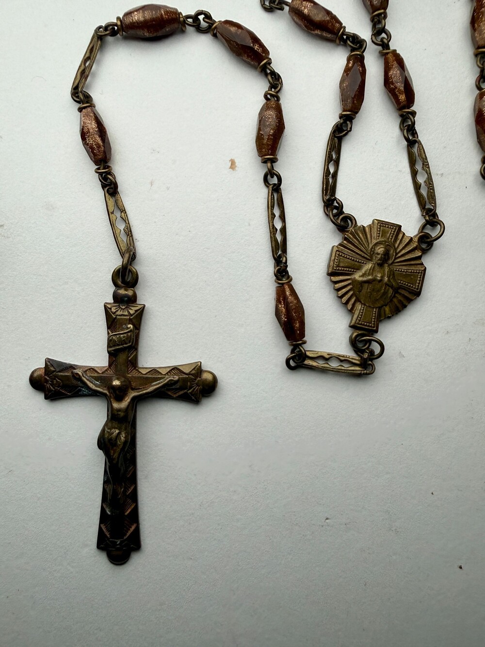 Vintage Art Deco Goldstone Glass Rosary Madonna Child Sacred Heart Brass 25in